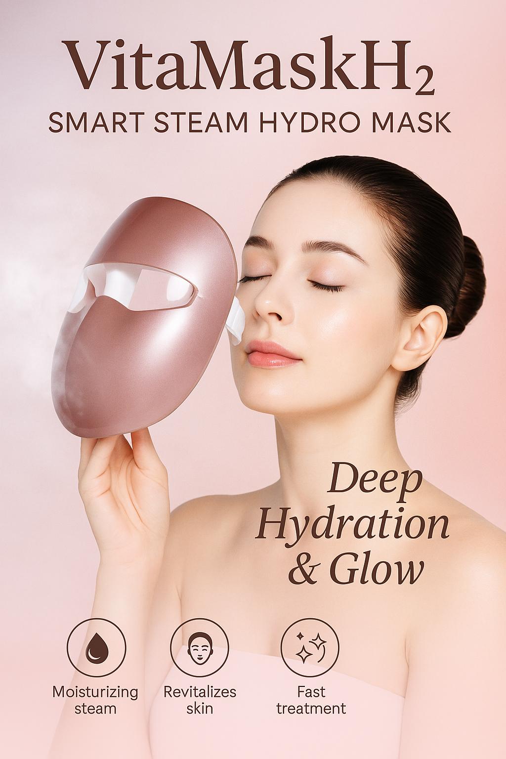 VitaMaskH2 smart steam hydro mask with a woman using it on a pink background