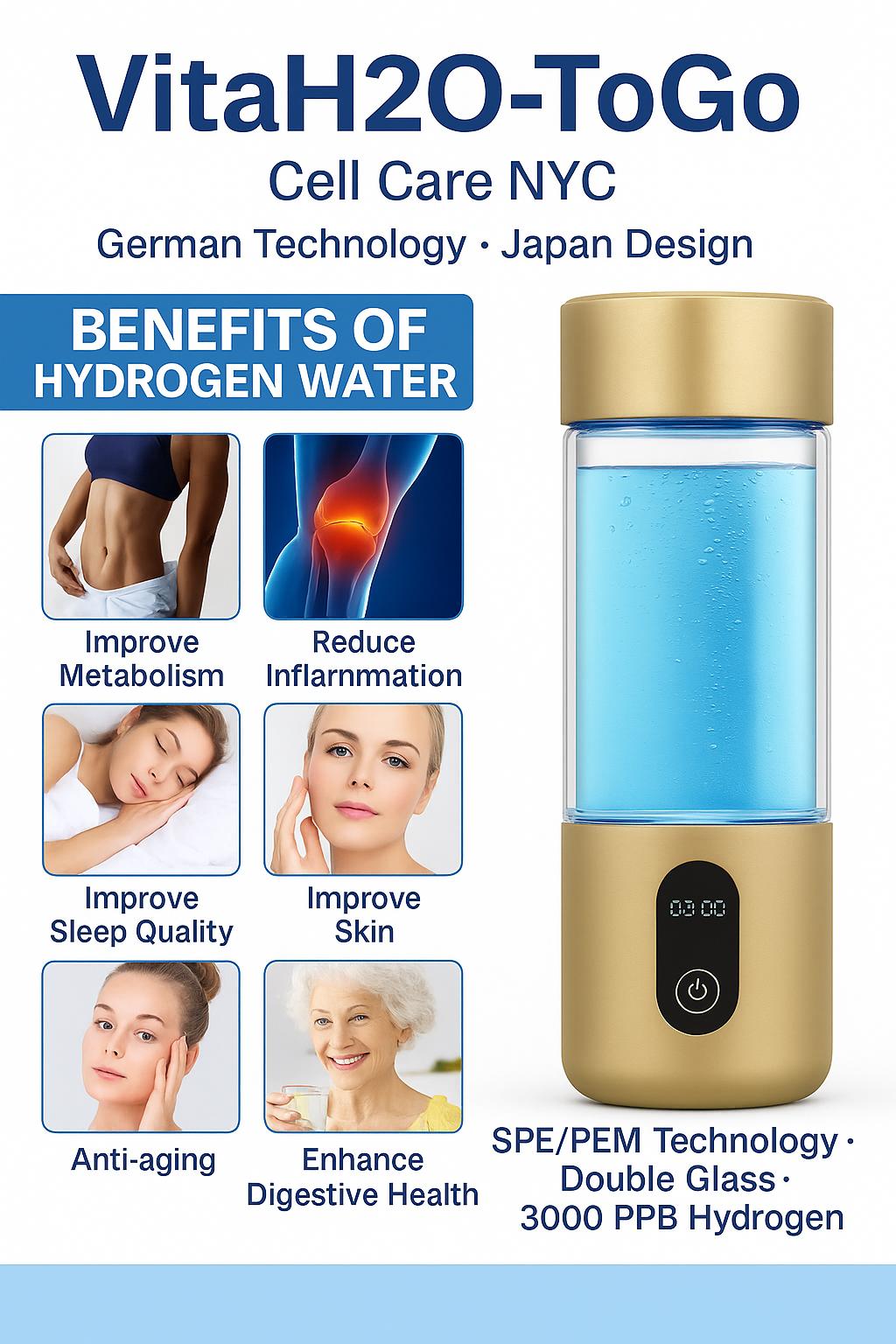 VitaH2O-ToGo – Portable Hydrogen Water Bottle (3 in 1)  German Technology · Japan Design · Double Glass · SPE/PEM Technology
