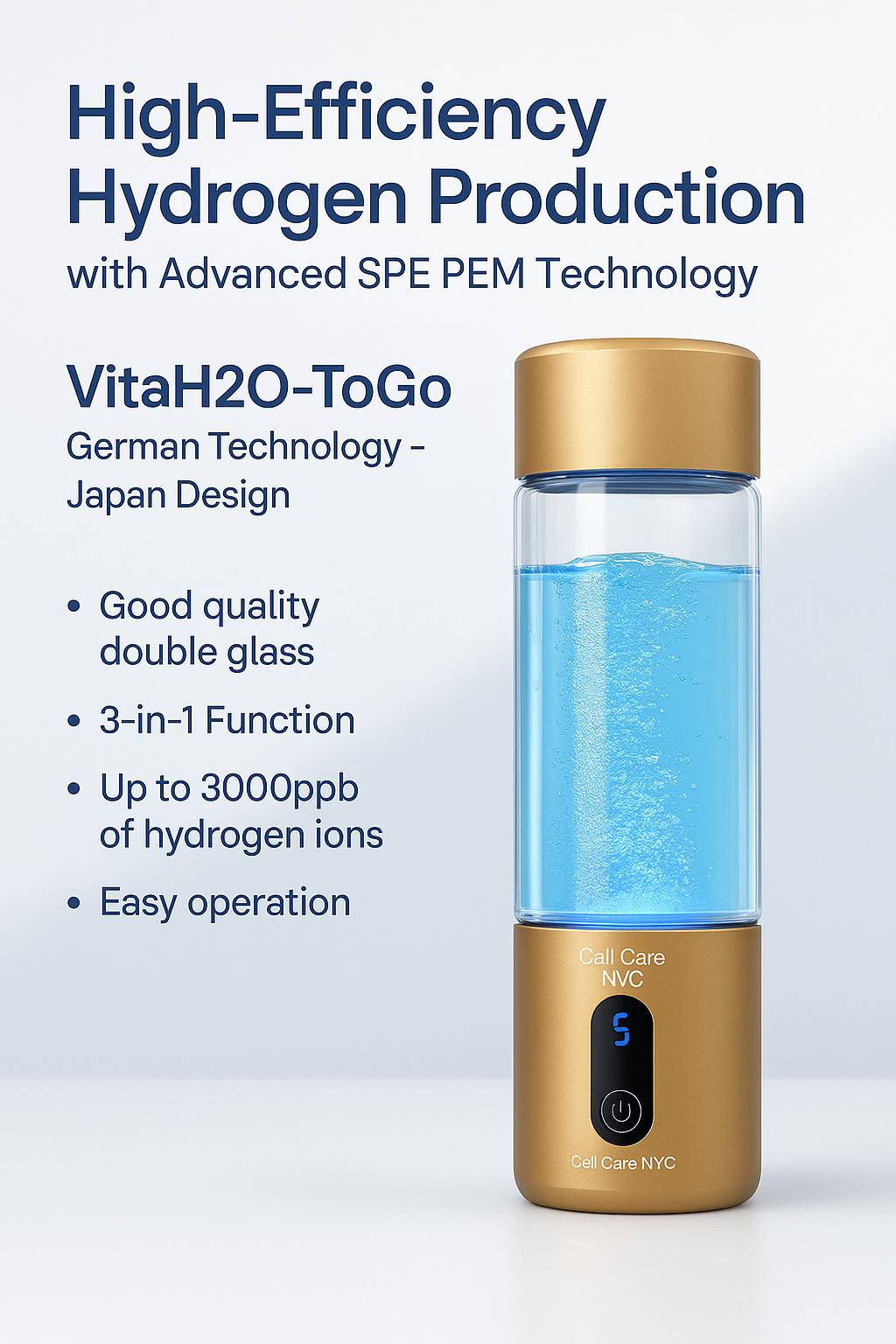VitaH2O-ToGo – Portable Hydrogen Water Bottle (3 in 1)  German Technology · Japan Design · Double Glass · SPE/PEM Technology