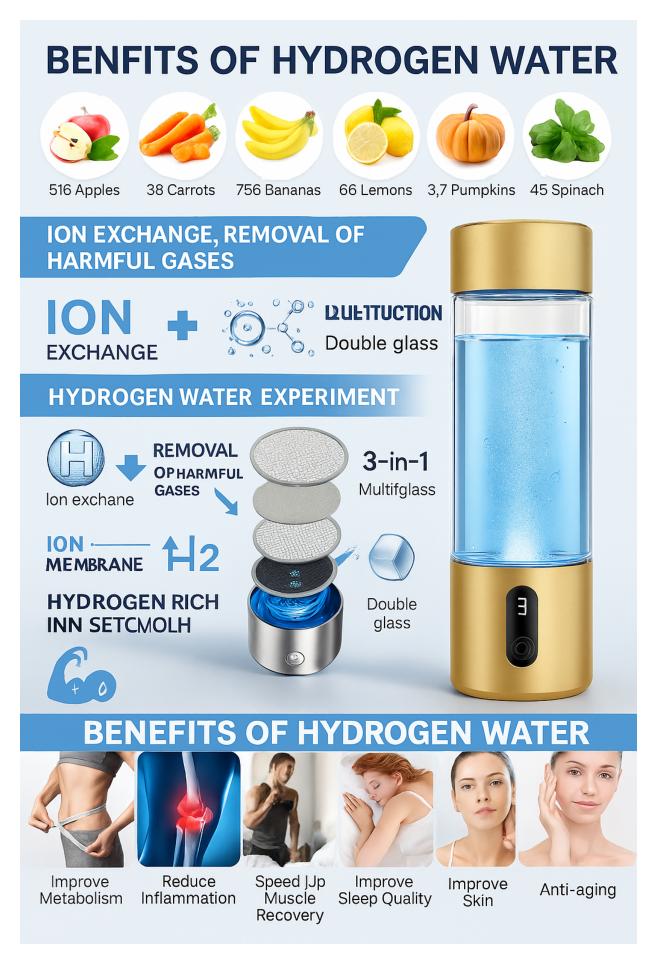 VitaH2O-ToGo – Portable Hydrogen Water Bottle (3 in 1)  German Technology · Japan Design · Double Glass · SPE/PEM Technology