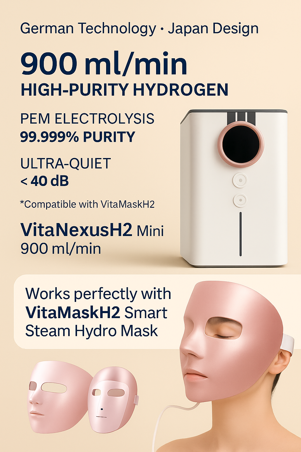 VitaNexusH2 Mini – 900 ml/min High-Purity Hydrogen Therapy Device