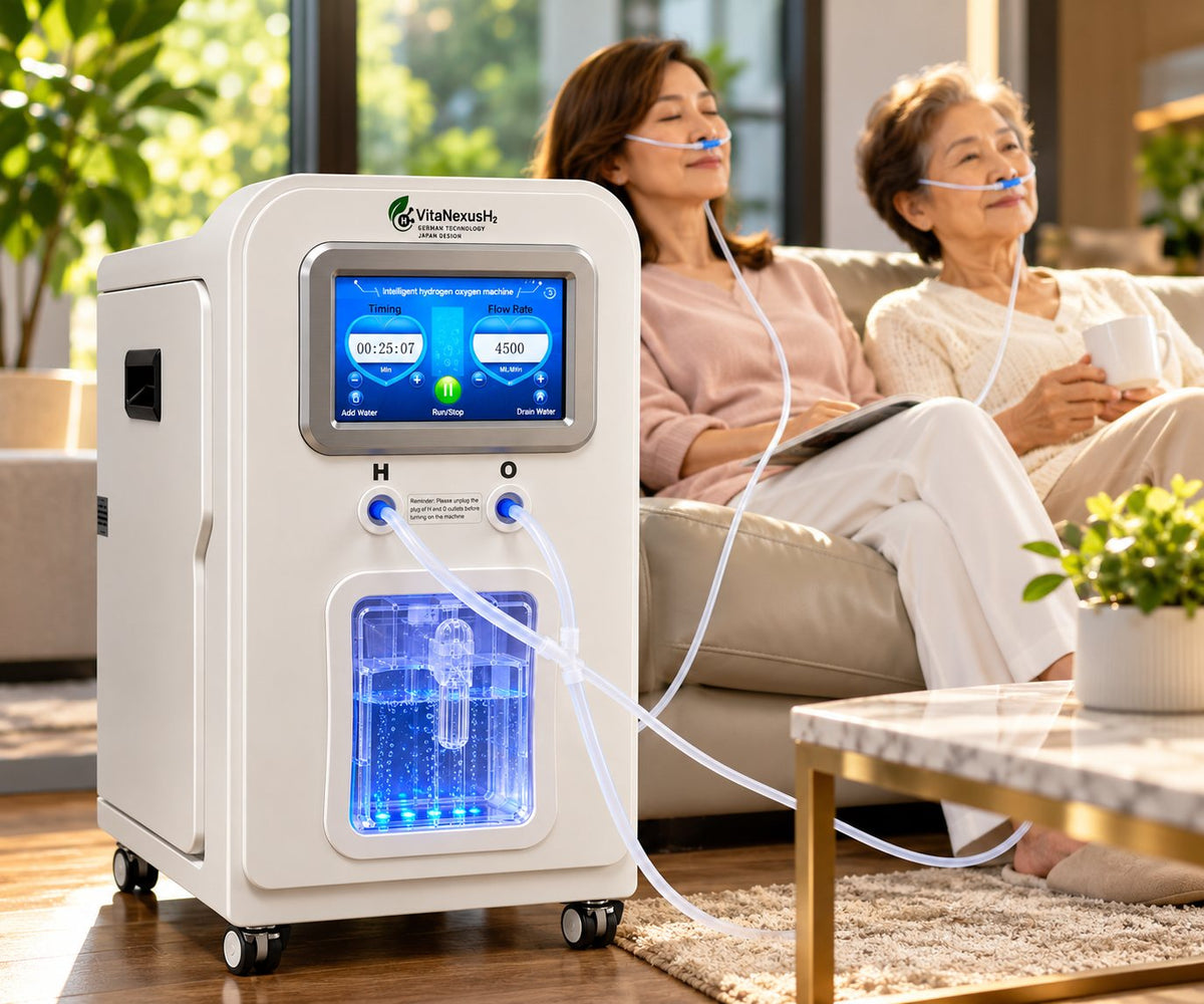 Illustration: two women relaxing in a living room beside the VitaNexusH2 hydrogen generator