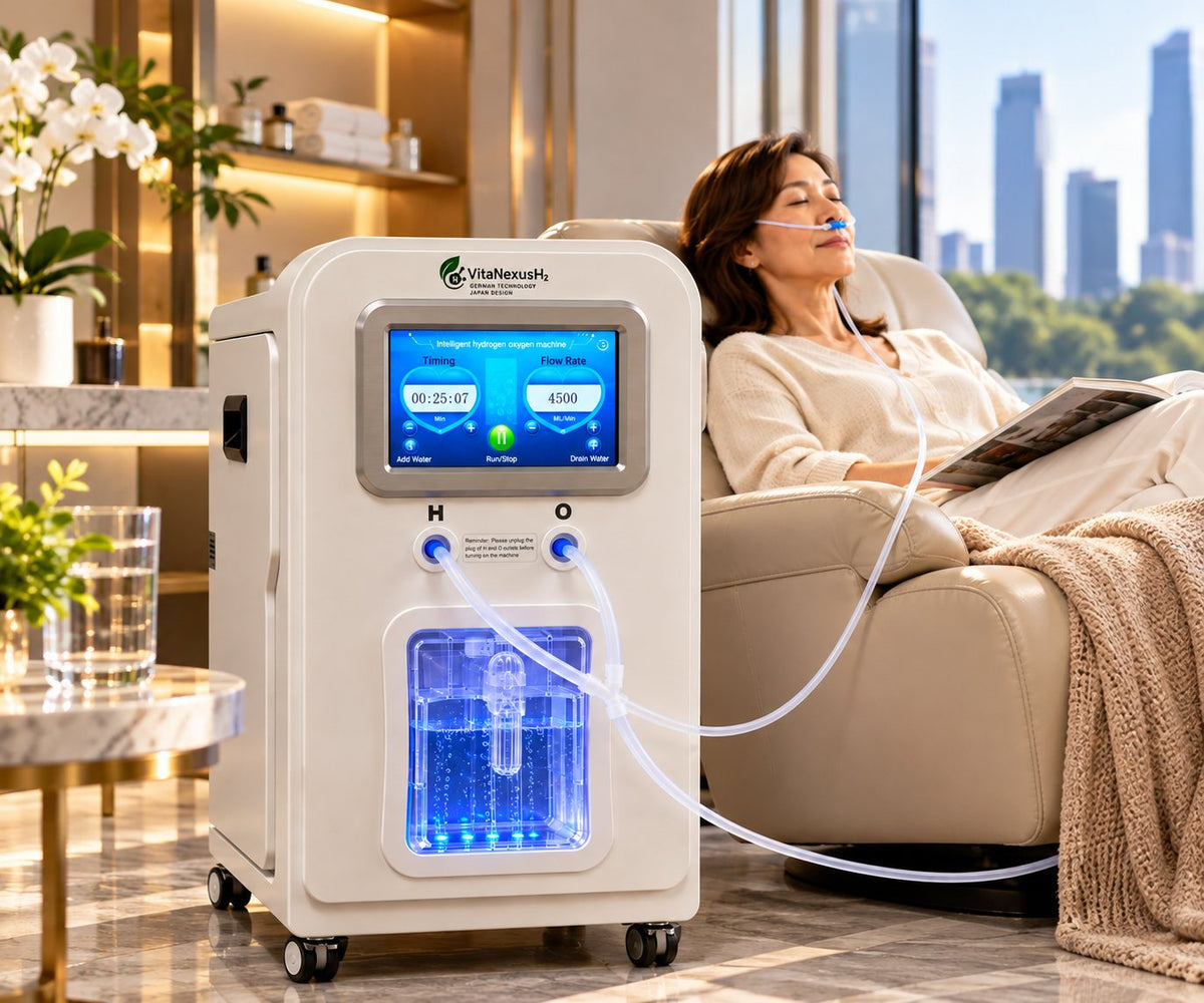 Illustration: woman in a recliner using the VitaNexusH2 hydrogen generator at home