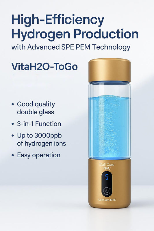 VitaH2O-ToGo 3-in-1 portable hydrogen water bottle in gold with double glass