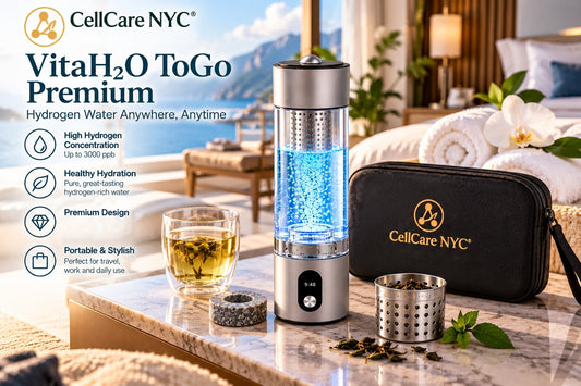 CellCare VitaH2O ToGo Premium hydrogen water bottle with black travel case, tea infuser and mineral ring